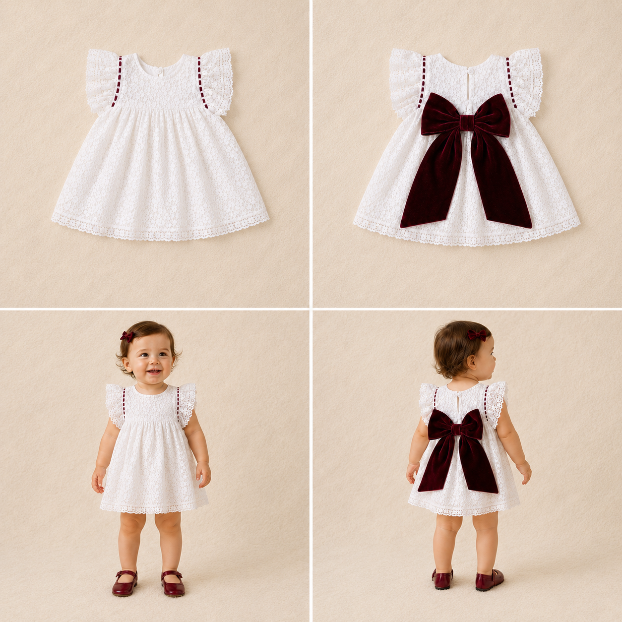 Vestido blanco de encaje para bebé con lazo granate artesanal